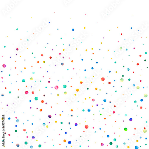 Watercolor confetti on white background. Actual rainbow colored dots. Happy celebration square colorful bright card. Terrific hand painted confetti.