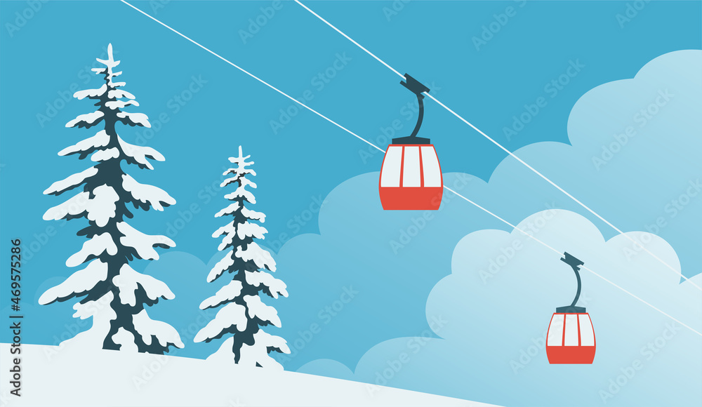 Ski winter resort. Cable car. Ate in the snow. Background with blue sky.  Cartoon illustration banner Stock Illustration | Adobe Stock