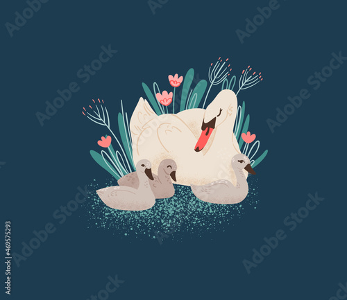 Cute swan mother with kids vector illustration. Swan clipart hand drawn element for kids products. 