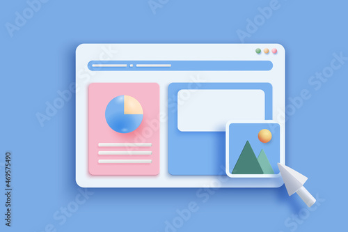 Online applications concept. Webpage, image and chart with mouse arrow. Realistics abstract web elements. Web development with shapes and infographic