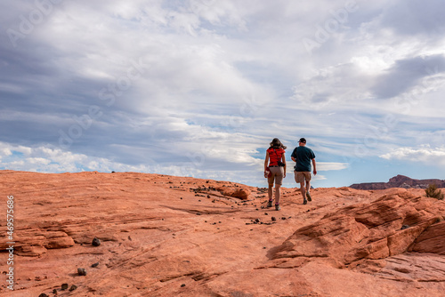 Two hikers searching for the famous Fire Wave in Valley of Fire, Nevada