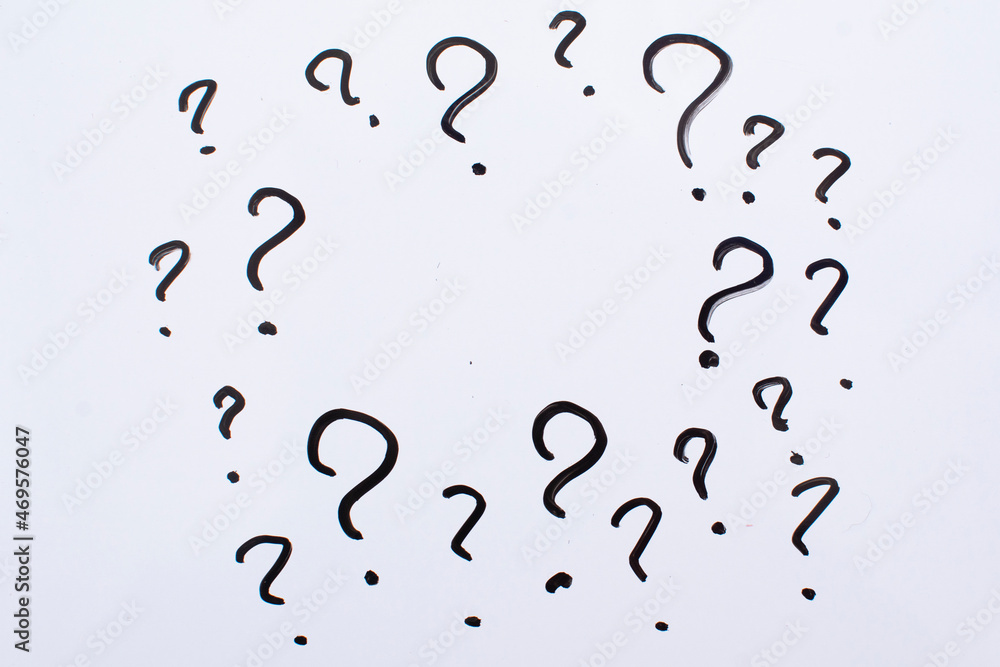 question marks on a white background . FAQ frequency asked questions, Answer and Brainstorming Concepts