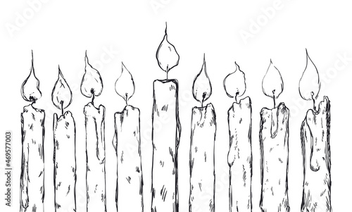 Drawing of nine lighted candles for Hanukkah, Vector illustration