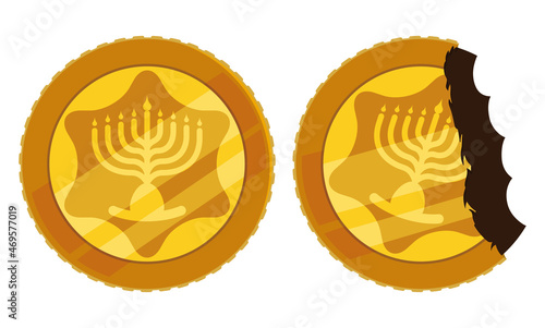 Couple of Hanukkah gelt with one open and another bitten, Vector illustration