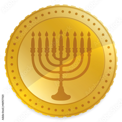 Isolated golden Hanukkah gelt decorated with Hanukkiah silhouette, Vector illustration photo