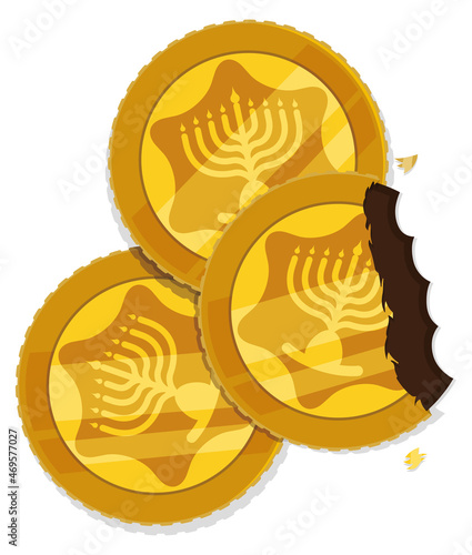 Bild auf Leinwand Group of Hanukkah gelt with one opened and other bitten, Vector illustration