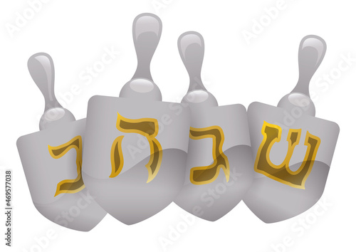 Elegant silver dreidels with traditional Hebrew letters, Vector illustration
