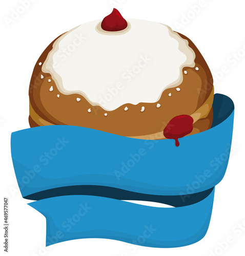 Glazed sufganiyah with jelly and empty blue ribbons, Vector illustration