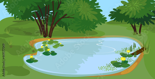 Abstract green landscape with blue pond overgrown with flowering yellow water-lily (Nuphar lutea) with green leaves