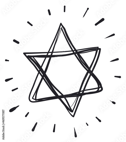 Drawing in doodle style of a sparkling Star of David, Vector illustration