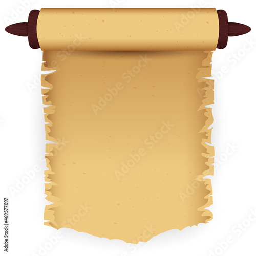 Ancient unrolled scroll template with teared parchment page, Vector illustration