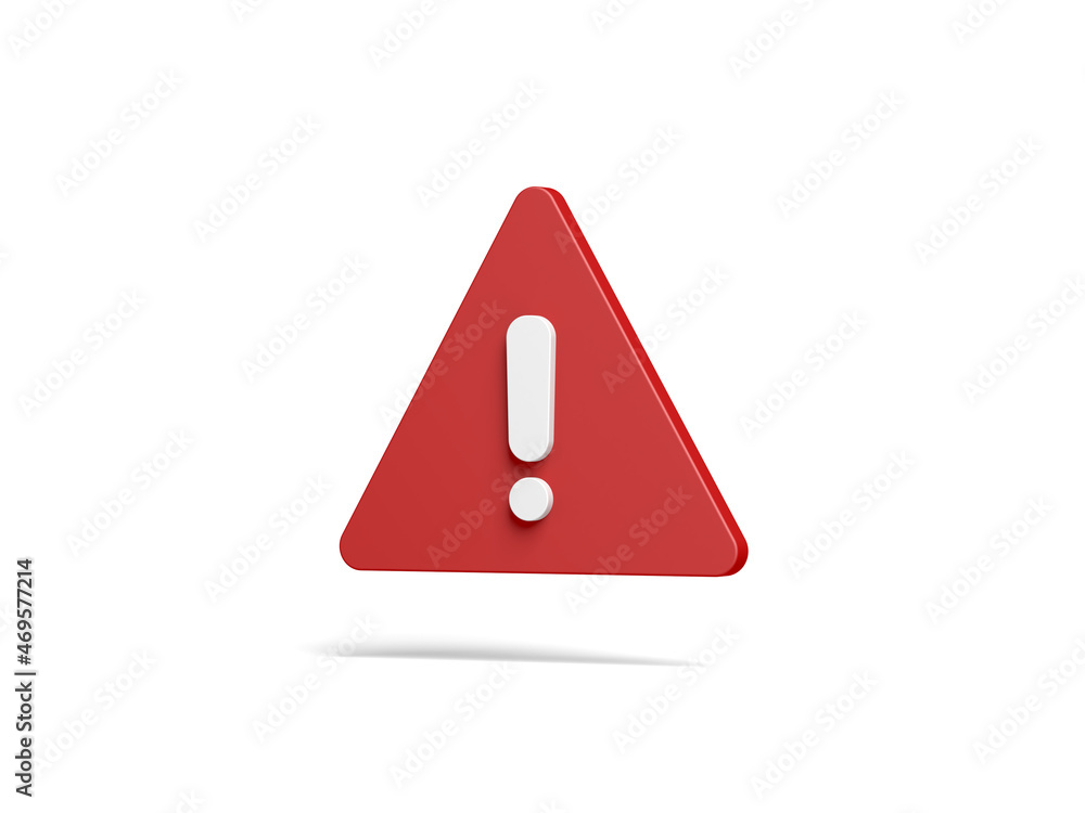 Red warning sign isolated on white background. Exclamation mark. Attention sign icon. Danger symbol. 3d illustration. Red warning sign isolated on white background. Exclamation mark. Attention sign icon. Danger symbol. 3d illustration.