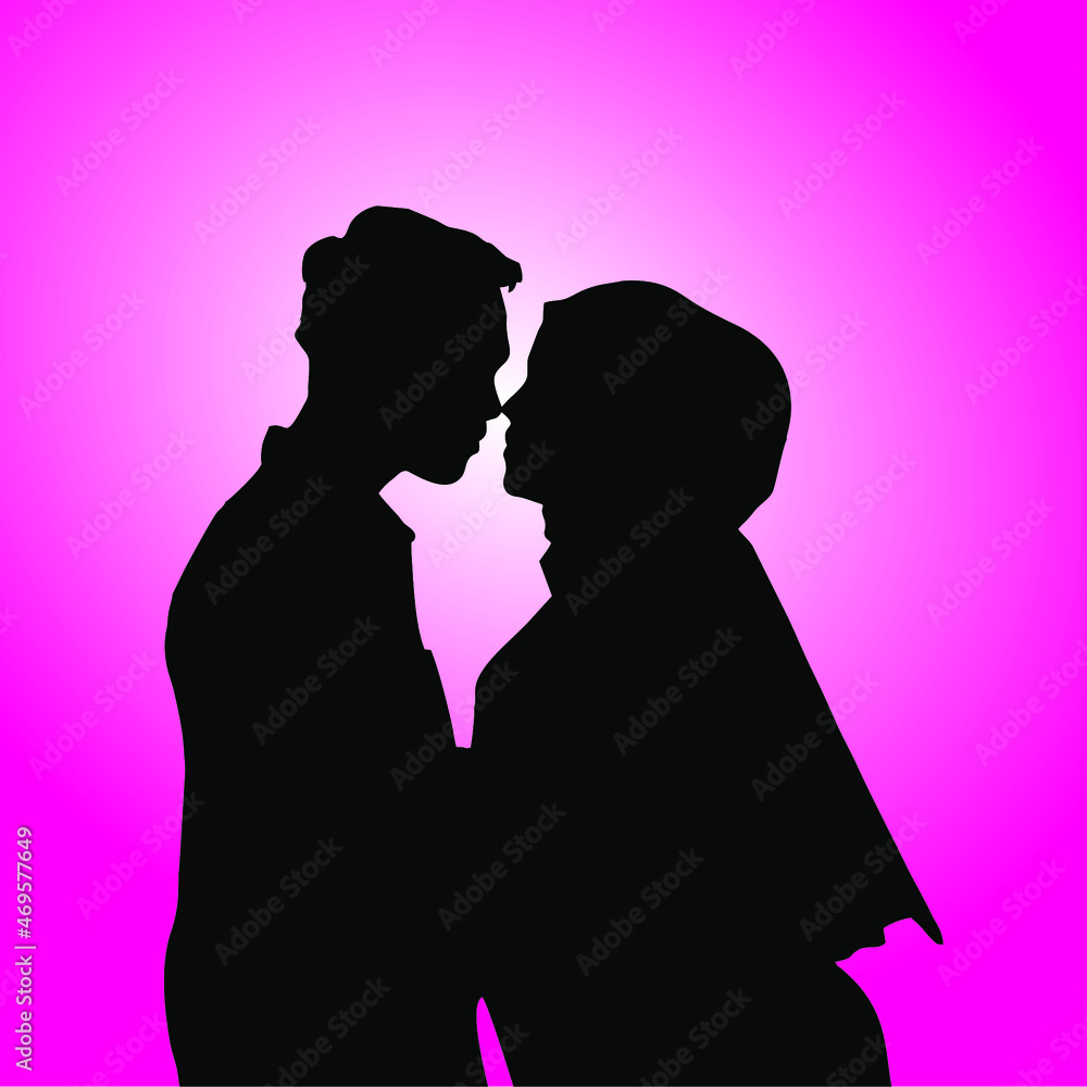 Silhouette of two young lovers in hijab on ping gradient background.