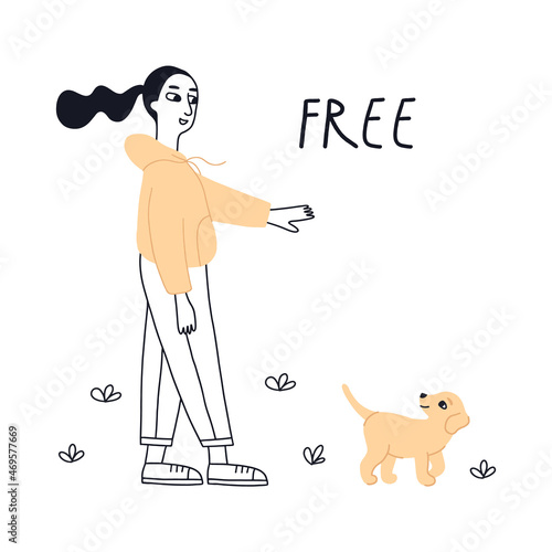 Owner girl lets the dog go for a walk. Labrador retriever executes the command to free. Girl gives a hand signal to the dog. Puppy training. Isolated vector illustration in cartoon style. 