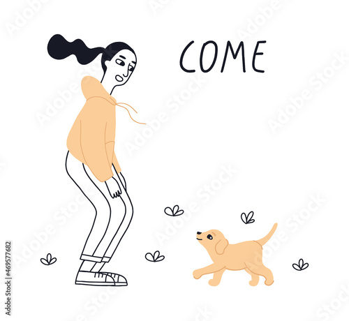 The dog runs to the owner. Labrador retriever executes the command to come. Girl gives a hand signal to the dog. Puppy training. Training dogs ooutside. Hand drawn vector illustration.