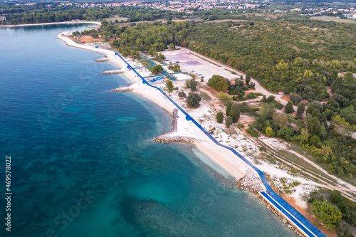 An aerial view of beautiful beach on Hidrobaza at dusk, Stinjan - Valbandon, Istria, Croatia
