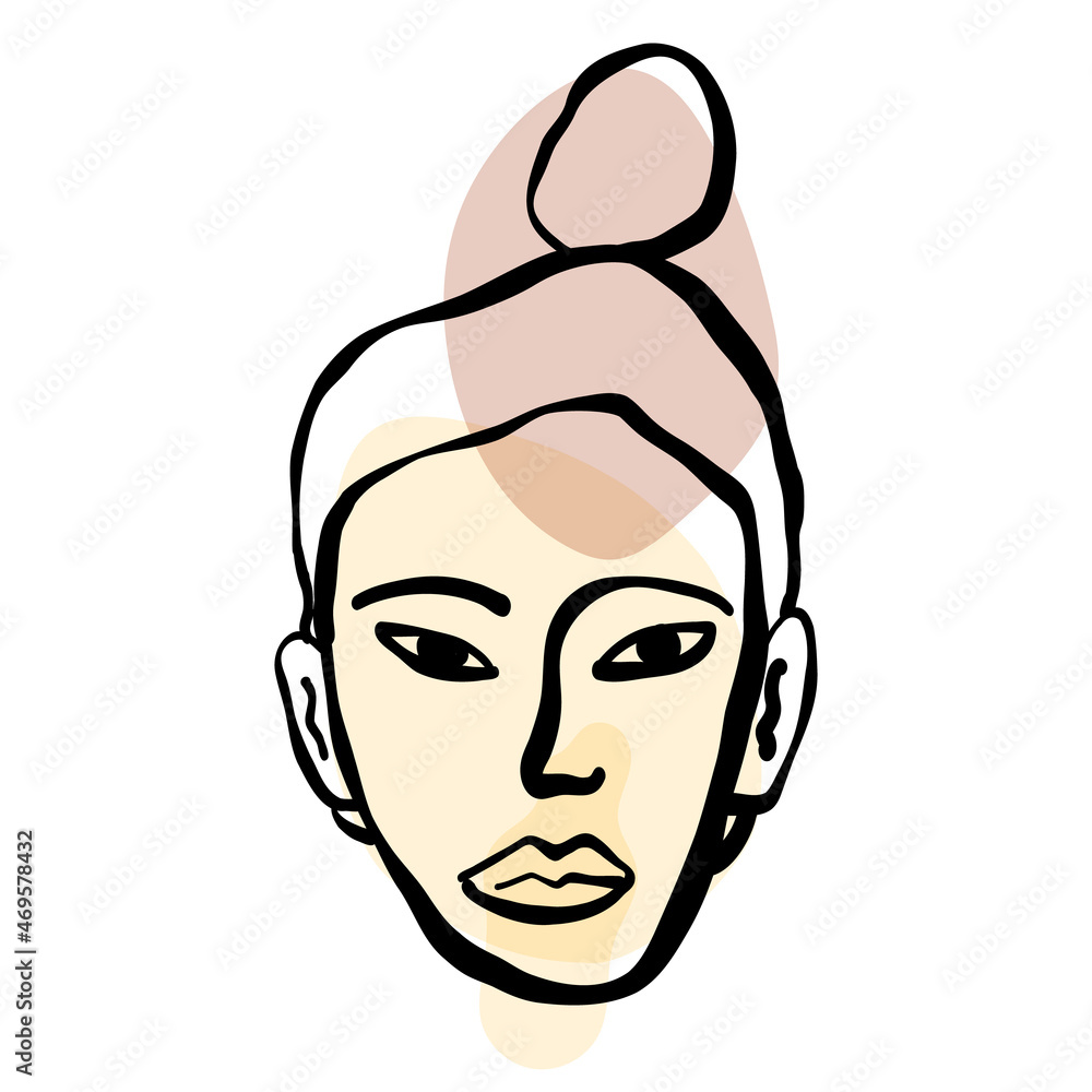 Contemporary African, Asian American woman art portrait, line art woman's face and shapes. Boho poster, banner.