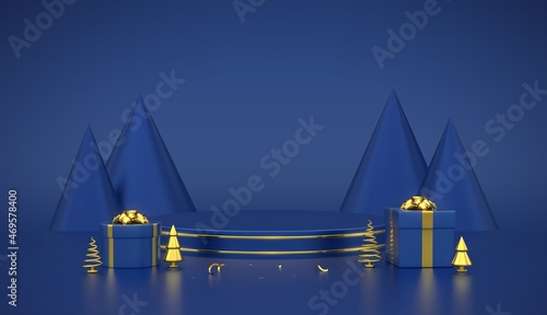 Blue round podium. Scene and 3D platform with gold circle on blue background. Blank Pedestal with gift boxes with golden bow and golden metallic pine, cone shape spruce trees. Vector illustration.