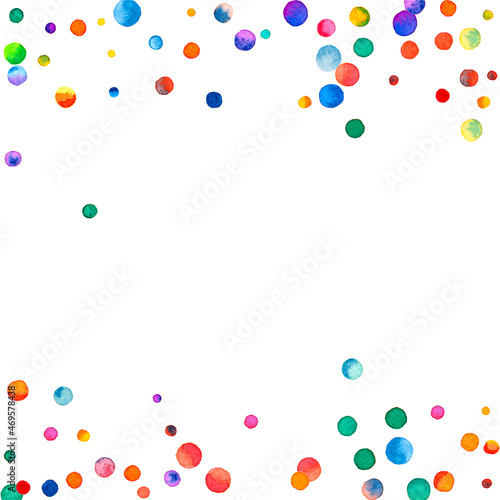 Watercolor confetti on white background. Actual rainbow colored dots. Happy celebration square colorful bright card. Comely hand painted confetti.