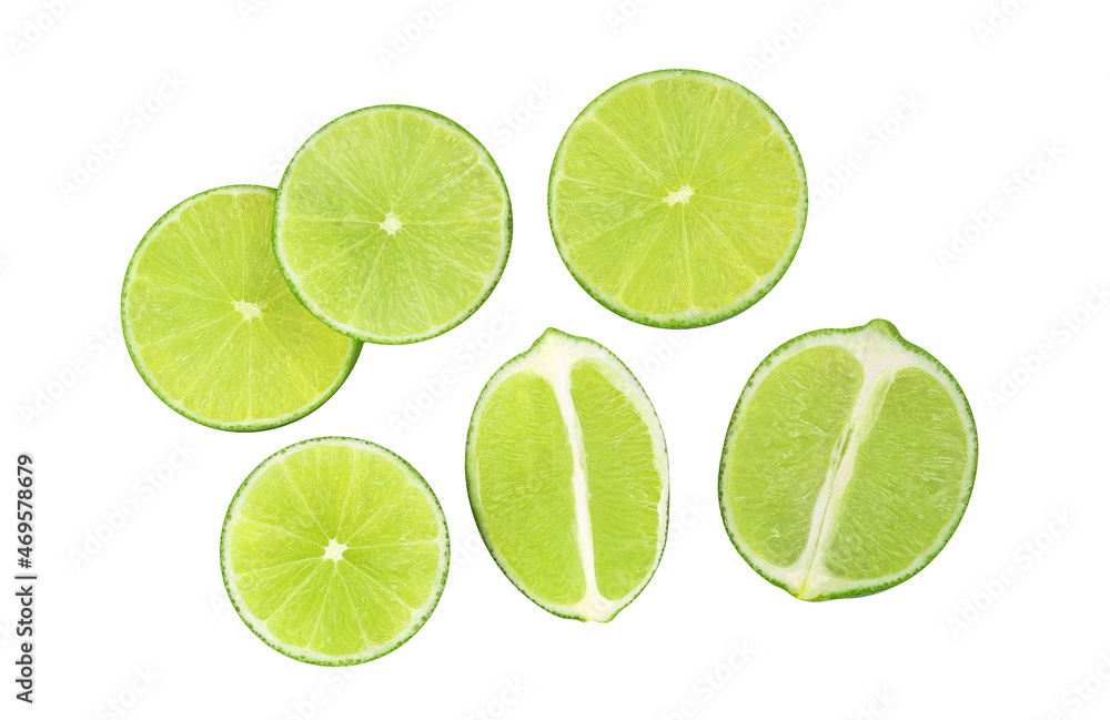 Sliced fresh lime fruit isolated on white background. Top view