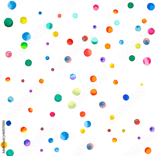 Watercolor confetti on white background. Actual rainbow colored dots. Happy celebration square colorful bright card. Exceptional hand painted confetti.