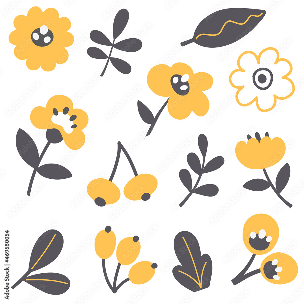 Floral and leaf botanical elements collection, hand drawn collection in trendy color, vector isolates on white background. Floral and leaf botanical elements collection, hand drawn collection in trendy color, vector isolates on white background.