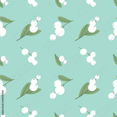 Seamless botanical pattern with mistletoe leaves and berries for wrapping paper, banners, print, collage and holiday backdrops decoration. Vector illustration.