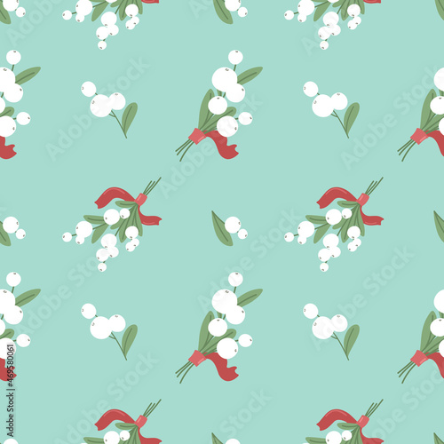 Seamless botanical pattern with mistletoe leaves and berries for wrapping paper, banners, print, collage and holiday backdrops decoration. Vector illustration.