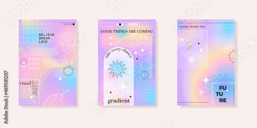 Blurred gradient background with geometric shapes. Fluid holographic gradient poster for wall art or social media cover. Modern wallpaper design tempate, brutalism inspired. Vector illustration