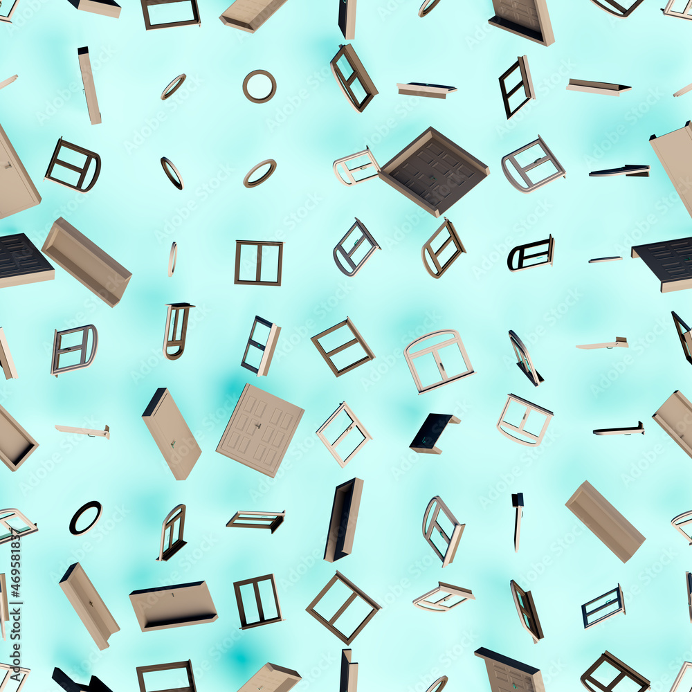 3d rendering. A seamless pattern of window blocks and doorways of different types, scattered at random. 3d rendering. A seamless pattern of window blocks and doorways of different types, scattered at random.