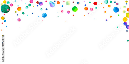 Watercolor confetti on white background. Alluring rainbow colored dots. Happy celebration wide colorful bright card. Elegant hand painted confetti.