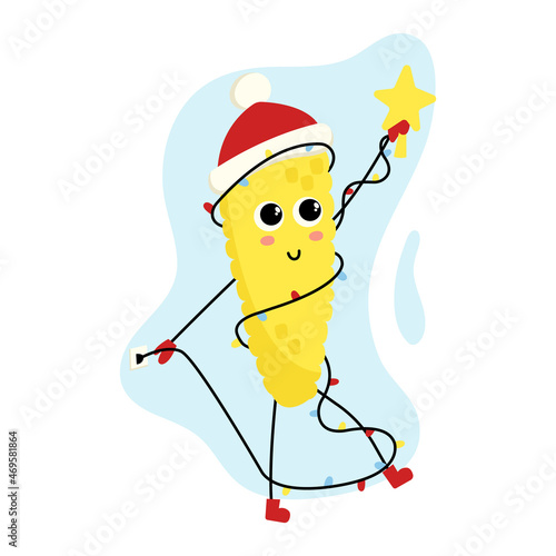 Funny corn character tangled in a festive garland. Kawaii vegetable. Cute winter mascot with a Christmas star in his hand. Bright clipart for New Year greeting card design. Holiday commotion.