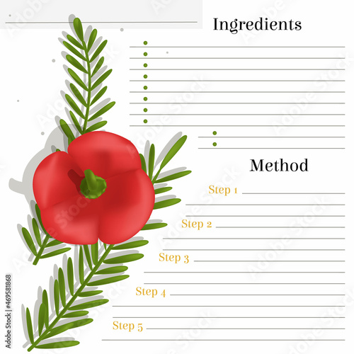 Vector template, page layout of a recipe book, cookbook. There is a place to write ingredients and method, tips. Illustration with pepper, rosemary.