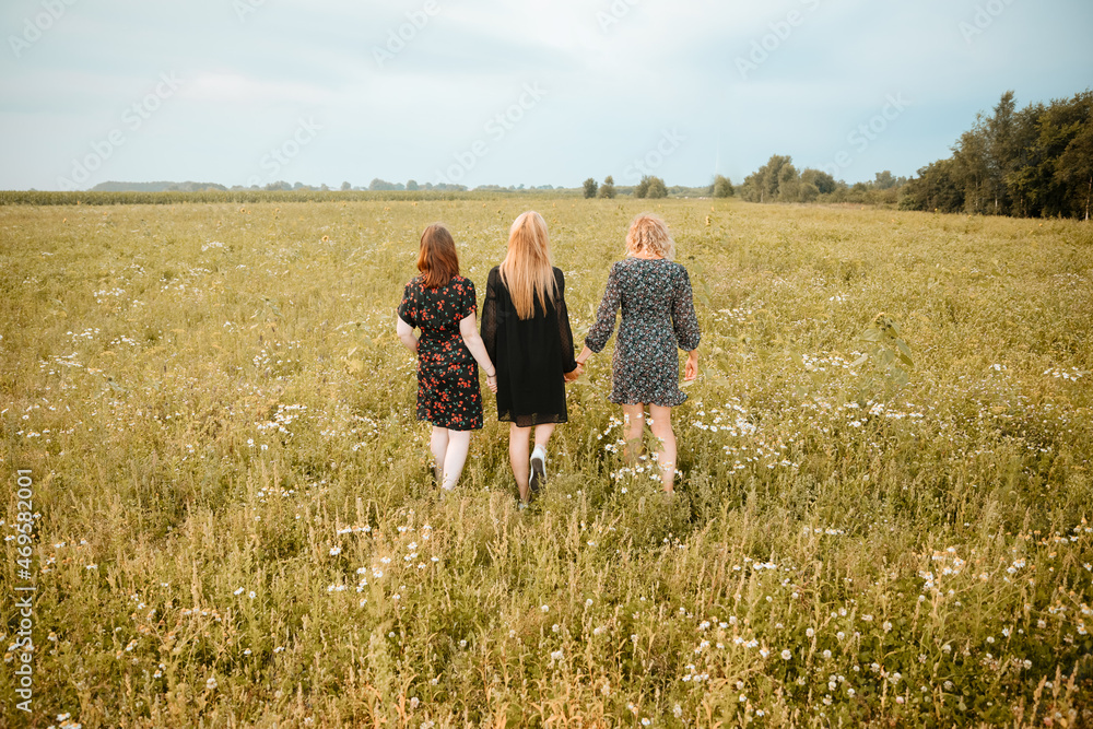 3 sisters are holding hands and walking through a corn field. Girlfriends on vacation together. Spending summer vacation with girlfriends. Women friendship