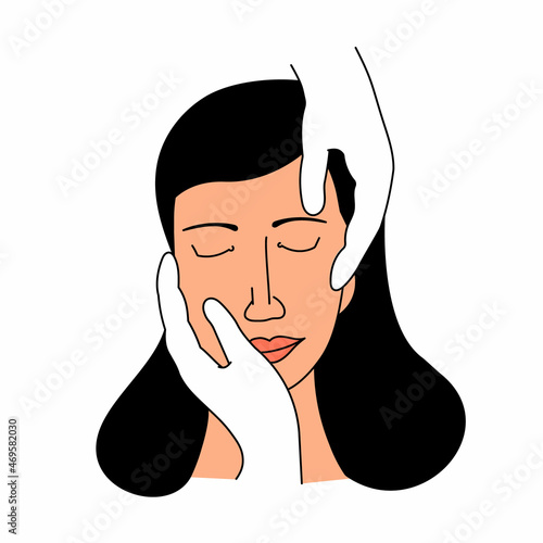 Vector isolated illustration with the procedure of aesthetic, cosmetic, anti aging massage or osteopathic seance. The face young woman and hands of specialist, a professional are depicted.