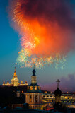 Fireworks over St. Andrew's Monastery in front of Moscow State University from the observation deck of the Russian Academy of Sciences