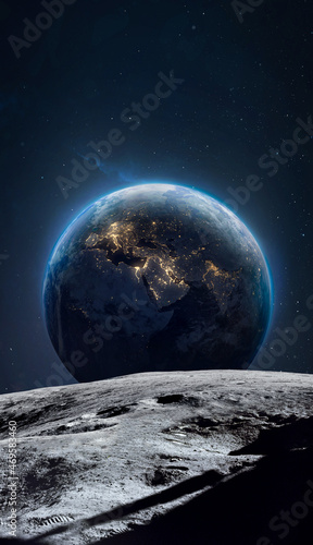 Fotografie, Obraz Moon surface and Earth planet at night in outer space