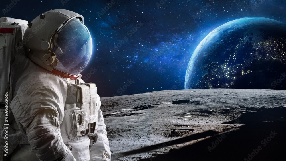 Astronaut on Moon surface. Spaceman moonwalks. Artemis lunar program. Return to Moon. Elements of this image furnished by NASA - obrazy, fototapety, plakaty 