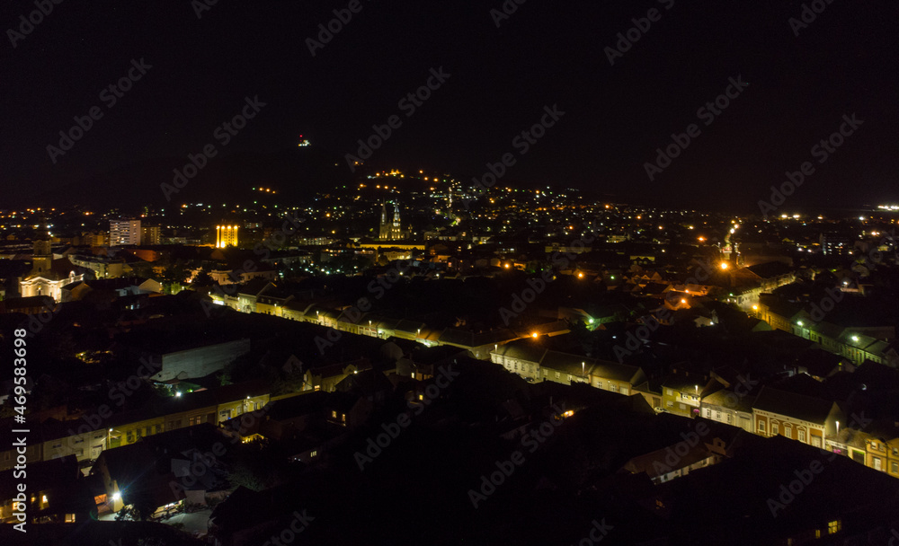 The town of Vršac at night. Aerial photography. 