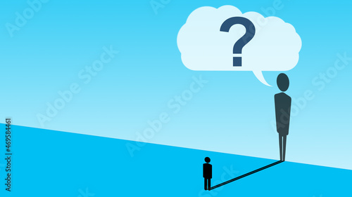 Uncertainty in tomorrow. Undecided man on a blue background. Person sees a big question in his reflection. He thinks about uncertainty of future. Question as a symbol thinking about plans for future