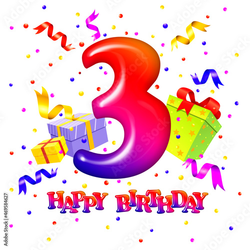 Three year birthday. Celebration background with number three and gift boxes. 3th anniversary celebration Template. Colorful festive illustration for celebratory party and decoration. photo