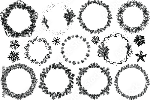 Vector silhouettes of Christmas wreaths. Round frames. Sublimation of fir branches, snowflakes and tinsel. Christmas decorations for postcards and invitations. Black silhouettes, ornaments in a circle