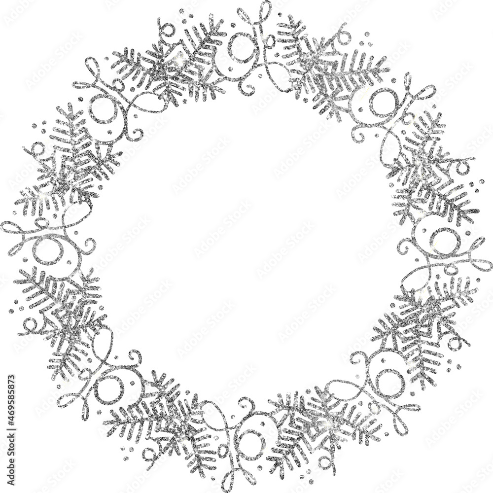 Silhouettes of Christmas wreaths. Round frames. Sublimation of fir branches, snowflakes and tinsel. Christmas silver. For postcards and invitations. Shiny silhouettes, ornaments in a circle