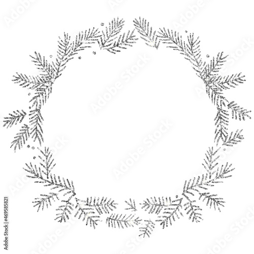 Silhouettes of Christmas wreaths. Round frames. Sublimation of fir branches, snowflakes and tinsel. Christmas silver. For postcards and invitations. Shiny silhouettes, ornaments in a circle