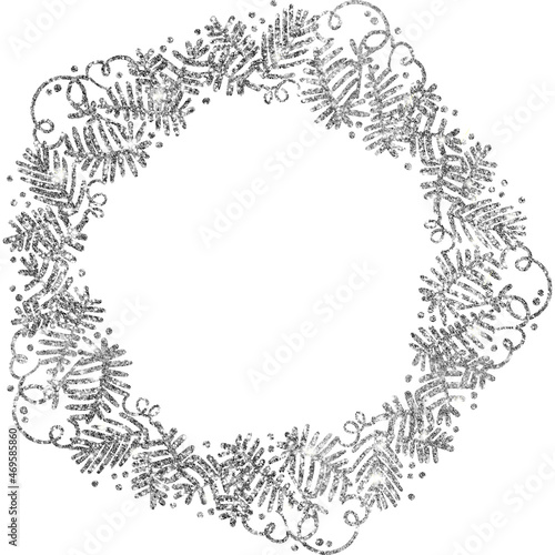 Silhouettes of Christmas wreaths. Round frames. Sublimation of fir branches  snowflakes and tinsel. Christmas silver. For postcards and invitations. Shiny silhouettes  ornaments in a circle