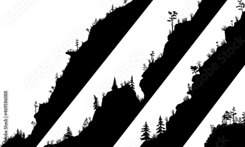 Mountain area flat simple vector silhouettes. Set of the black hill slopes with fir pine and spruce trees isolated on white background.
