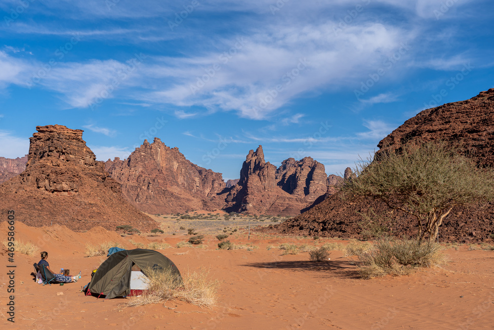 Camping in the sandstone canyon of Wadi Al Disah (Valley of the Palms