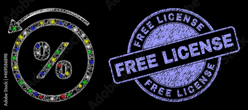Glossy polygonal mesh web percent back icon with glow effect on a black background, and Free License scratched seal print. Illuminated vector mesh created from percent back icon,