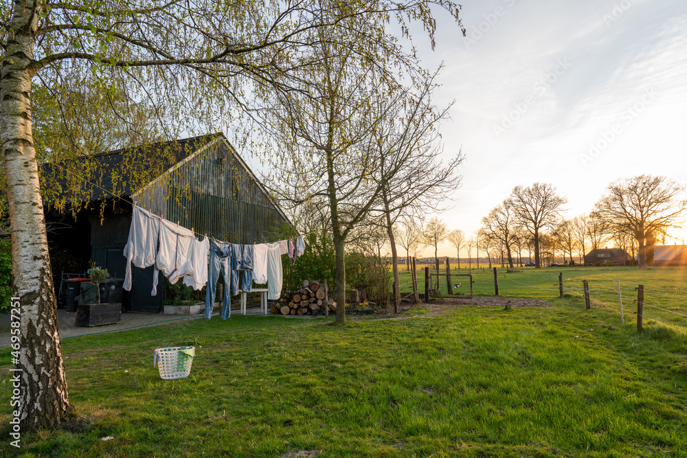 Clothes drying in the wind near farm in the Netherlands