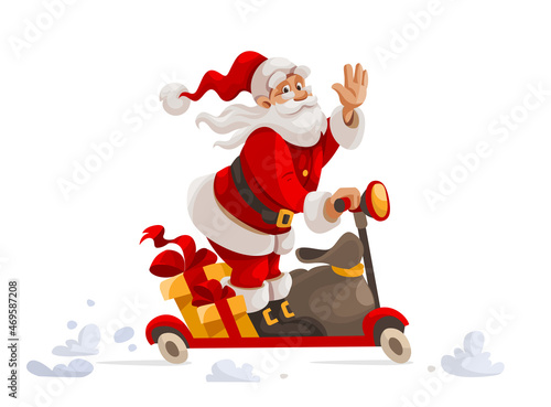 Santa Claus cartoon character rides scooter with gifts sack